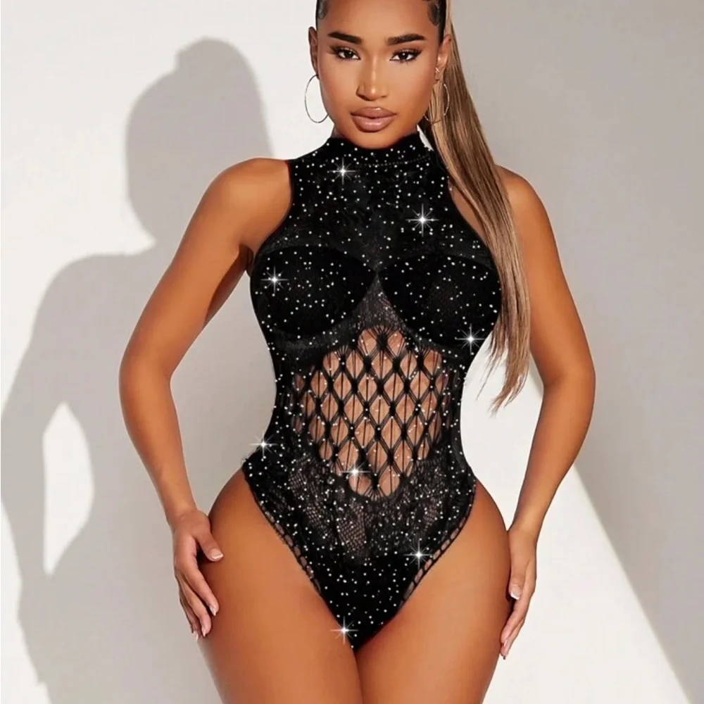 Sparkling Rhinestone Mock Neck Teddy Bodysuit NEW 🏷️ - Picture 1 of 4